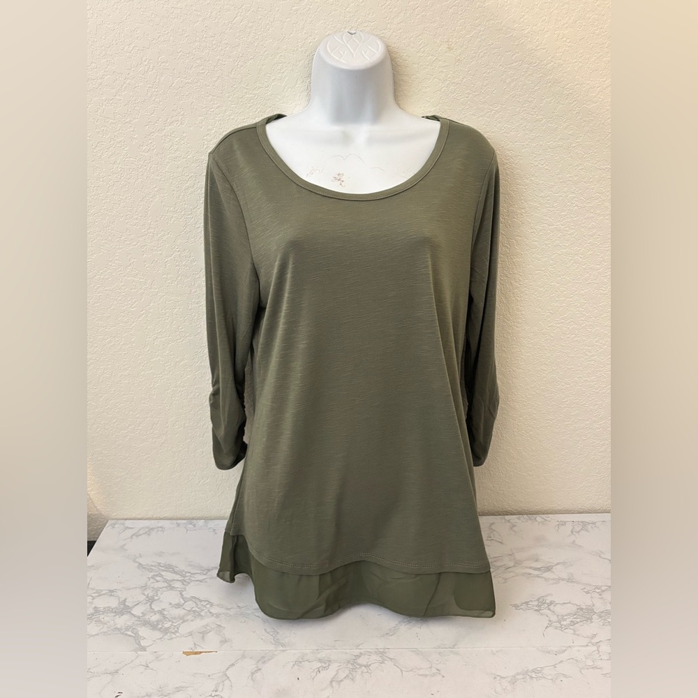 New STYLE & CO. Top Women's Size M Olive Long Ruched Sleeve Tunic Pullover